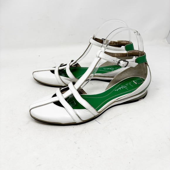 Cole Haan Leather T Strap Flats Size 8 White Green Vintage 90s Preppy - Picture 1 of 12